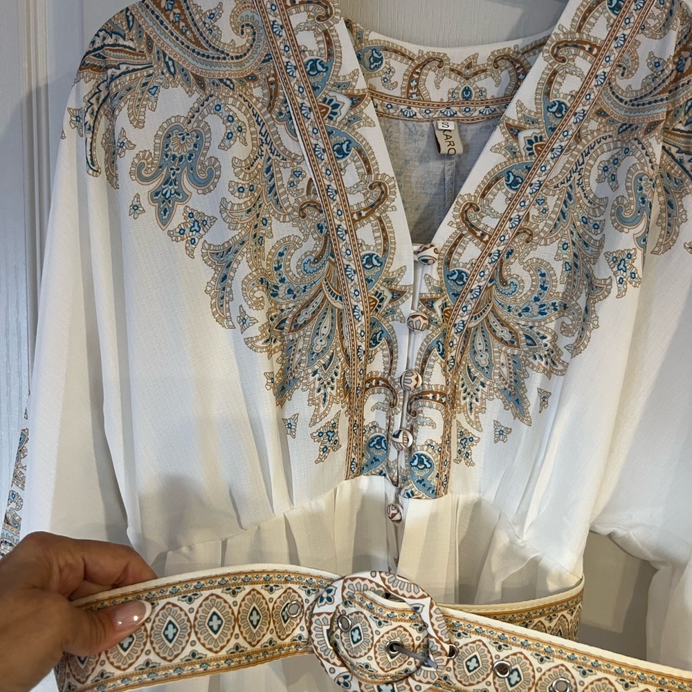 Elegant White Midi Dress with Blue and Gold Paisley